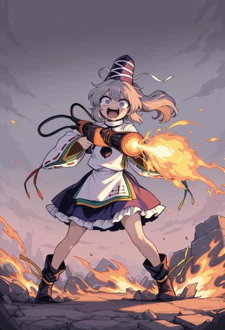 masterpiece, best quality, amazing quality, absurdres, colorful, very aesthetic, 1girl, solo, mononobe no futo, crazy eyes, tears, fearful, (complete psycho, maniacal laugh), going mentally insane, expressive, open mouth, (aiming upwards), flamethrower, holding flamethrower, charging massive fireball, charging flamethrower attack, standing on rubble, arson, burning buddhist temple