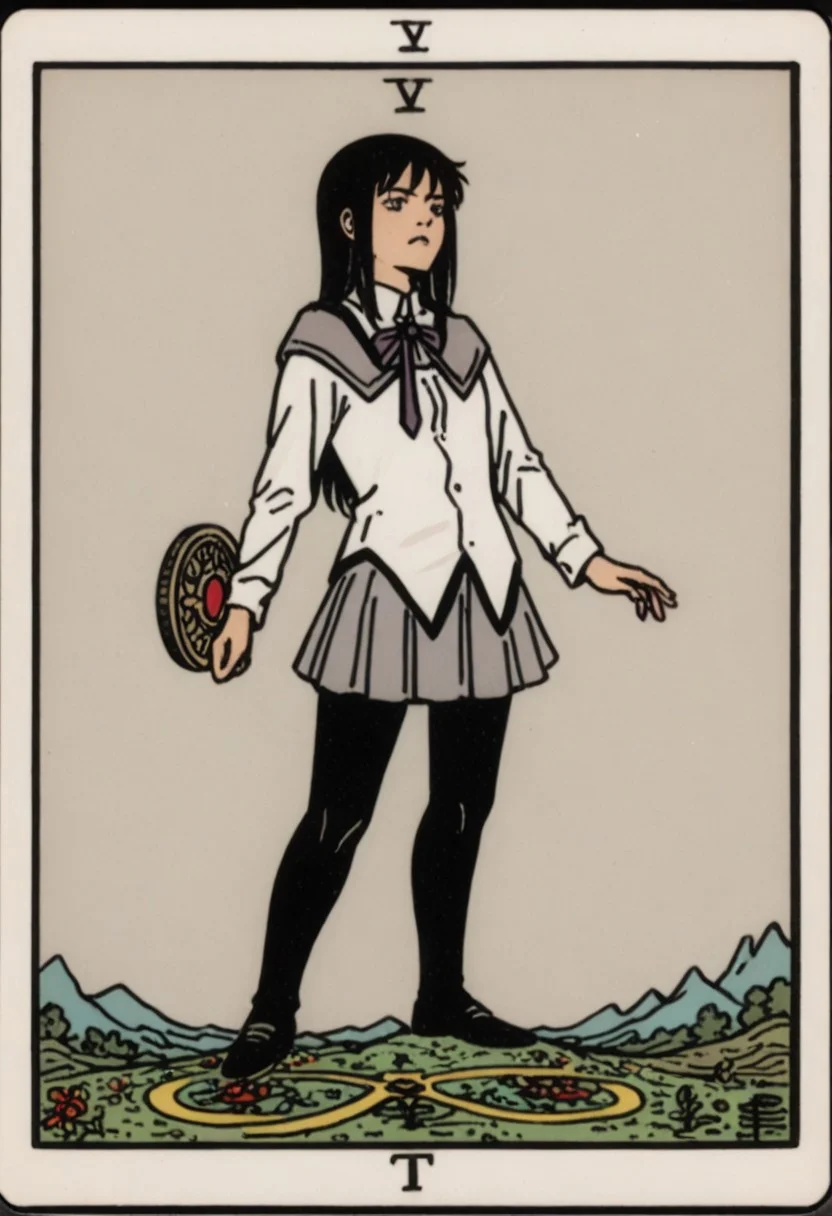 score_9, score_8_up, score_7_up,
muted colors, high contrast, whimsical, detailed, high-definition, intricate details,
solo, 1girl, full body,
Homura Akemi, short skirt, black tights, shield, white shirt, gray skirt,
magical girl,
(magic:0.8), (occult:0.8), (symbolism:0.8), (mystic:0.8), (occultism:0.8),
tarot, "sayaka"