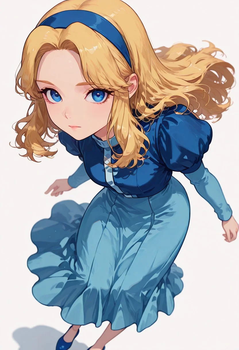 masterpiece, best quality,artist_moriimee, good quality, very aesthetic, absurdres, newest, 8K, depth of field, focused subject,blue dress, puffy sleeves, medium skirt, shoes, blue footwear, long shot,fullbody,detailed face, 1 girl,mariarobotnik,looking at viewer,
directional lighting, silhouetted, chiascuro,dynamic view, focus on face,in the style of cksc,simple background, white background