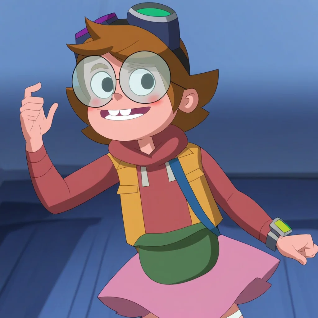 white socks, dark green fanny pack, 1girl, short hair, Ridley_GT, light brown hair, in a room, black eyes, blusing, Light-toned skin, standing, Score_9, full body, goggles over the head, watch on the wrist, pink skirt over it, expressive eyes, light brown eyesbrows, light red hoodie, green pants, bracelet, Glasses, smile, brown boots, Solo