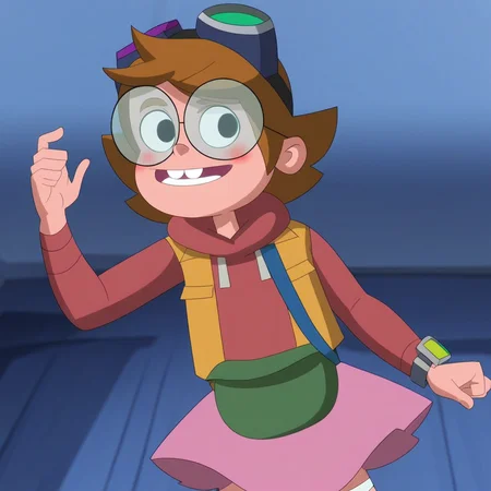 white socks, dark green fanny pack, 1girl, short hair, Ridley_GT, light brown hair, in a room, black eyes, blusing, Light-toned skin, standing, Score_9, full body, goggles over the head, watch on the wrist, pink skirt over it, expressive eyes, light brown eyesbrows, light red hoodie, green pants, bracelet, Glasses, smile, brown boots, Solo