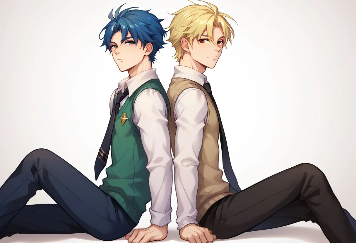 score_9, score_8_up, source_anime, highly detailed,
multiple boys, 2boys, blonde hair, blue hair, back-to-back, blue eyes, sitting, male focus, sweater vest, necktie, red eyes, back-to-back,
