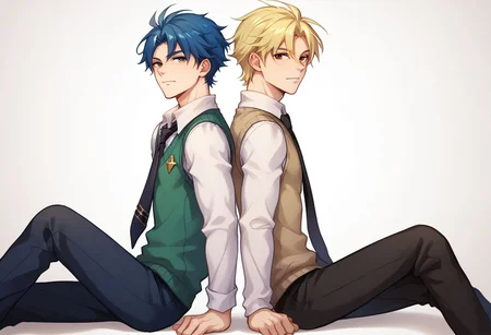 score_9, score_8_up, source_anime, highly detailed,
multiple boys, 2boys, blonde hair, blue hair, back-to-back, blue eyes, sitting, male focus, sweater vest, necktie, red eyes, back-to-back,