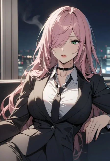 1woman, solo,  long hair, pink hair, black choker, green eyes, one eye covered by hair, lying on side, eyeliner,  gorgeous lips, classic suit, tie, office lady,  looking down, <lora:sm0k1ngXL:0.6> sm0k1ng, smoking, night, face lit by lighter, cinematic, (masterpiece), (best quality), (ultra-detailed), very aesthetic, illustration, perfect composition, intricate details, absurdres