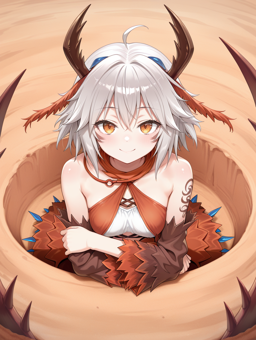 arthropod girl, traptrix myrmeleo, 1girl, solo, smile, looking at viewer, brown criss-cross halter, brown feather sleeves, in hole, desert, crossed arms, brown scarf, spikes,
masterpiece,best quality,amazing quality,very aesthetic,absurdres,newest,<lora:Traptrix Myrmeleo illuXL v1:0.83>,