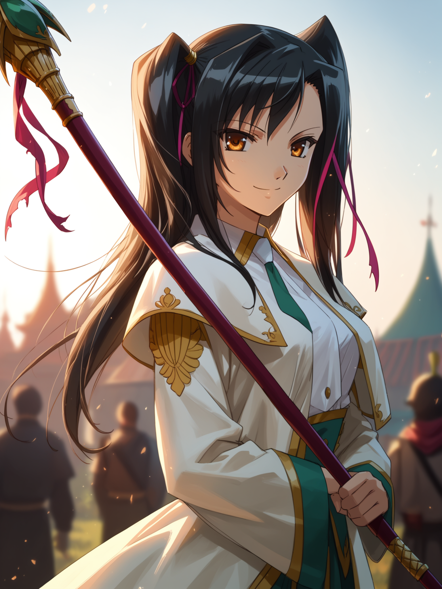 <lora:happy_tentacle-kanu-v0.1-000010:0.8>, ht_kanu, hair ribbon, one side up, outdoors , polearm, holding weapon , cowboy shot, 1girl, (petite:1.2), solo focus, smile, , (looking at viewer:1.1), backlighting, (depth of field:0.8), , [(realistic, photorealistic:1.3):(realistic:1.3):22], [(3d:1.2)::10], <lora:LUUNA's Lunas-NijiJourney-SDXL-B2:0.5>, nijijourney, <lora:prgfrg23's Counterfeit-V3.0 Style SDXL_LoRA_Pony Diffusion V6 XL:0.3> <lora:Shed_The_Skin's StS_age_slider_v1_initial_release:-1>, score_9, score_8_up, score_7_up, score_6_up, score_5_up, score_4_up,
