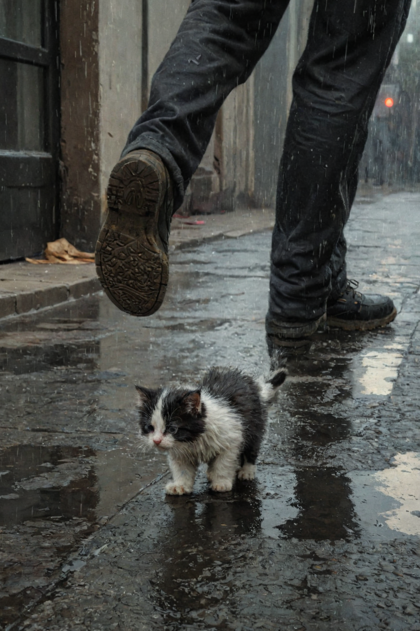 a black and white homeless little kitten, sad, (dirty on fur:1.4), (disheveled fluffy fur:1.3),  walking down the street, (paving slabs:0.5), (simple background:1.4), man legs, sole of the shoe, running ago, rain, 
(in the style of an Jeremy Mann:1.4), ivan aivazovsky, dark shot, (warm light reflection:0.1), disco elysium, digital artwork, 
 <lora:DiscoDeliriumXL-v1.2:0.5> ,best quality, high resolution, extreme detail, outstanding composition, masterpiece,