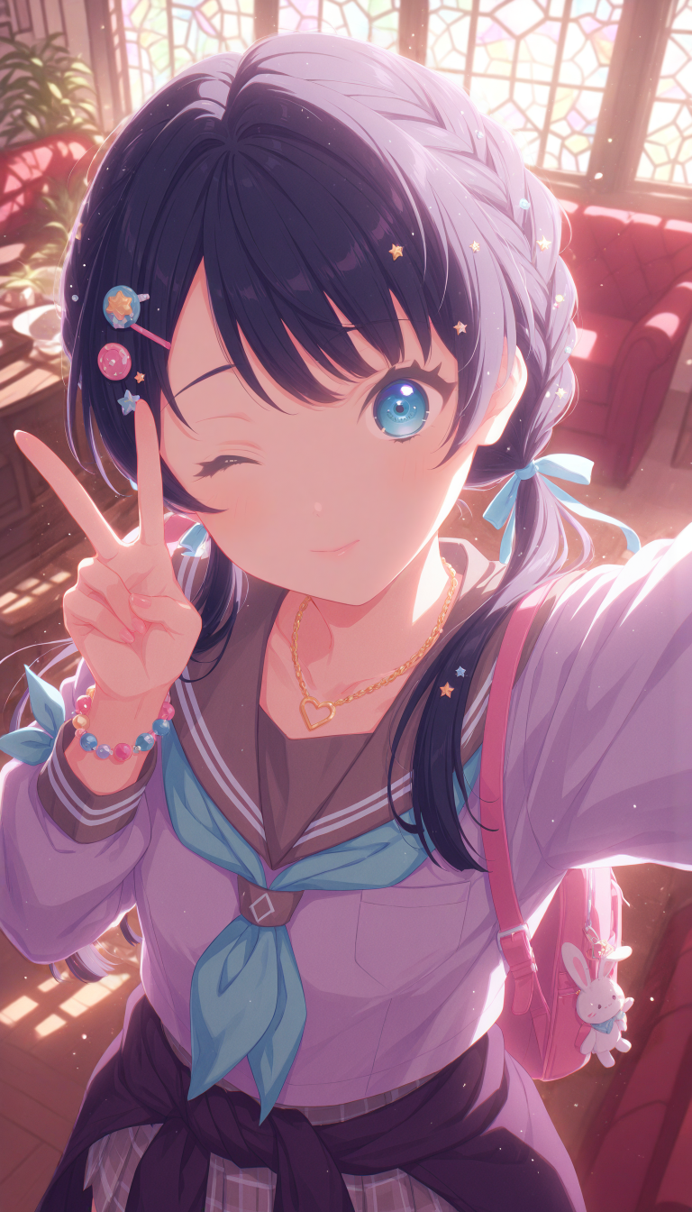 1girl, taking a selfie, murano sayaka, link! like! love live!, gradient light blue eyes, long blue hair, blue ribbons, low twintails, half updo, star hair ornament, mole on neck,
(one eye closed,smile,closed mouth),
BREAK
wearing  (purple cardigan around waist, cable knit, heart chain necklace, wrist bow, serafuku, overhang shirt, light blue neckerchief, striped neckerchief, grey sailor colar, hair bow, light blue miniskirt, pleated skirt, plaid skirt), (too many hair ornaments:1.3), bead bracelet, colored fingernails, bag charm, backpack,
BREAK
looking at viewer,
standing, v,
(indoor, cafe interior, stained glass, window shadow, red couch, plant),
(decora:1.3), (pastel colors:1.1),
QUALITY
(masterpiece, very aesthetic, absurdres),
BREAK
at noon, (sunbeam:1.1), (sunlight:1.1), rainbow highlights, bloom, dramatic lighting, (particles:1.2), (blurry background:1.2),  (from above,close-up,portrait), dutch angle blue shadow, sidelighting,
<lora:DynamicPoseIL2att_alpha1.0_rank4_noxattn_900steps:1.5>, <lora:illustrious_quality_modifiers_masterpieces_v1:1>, <lora:Dramatic Lighting SliderIL:3>,<lora:outline_xl_end:-10>, <lora:d\EnvyZoomSliderXL01:2>, <lora:il_contrast_slider_d1:-0.5>, <lora:colorful_sdxl_v2_lbw:1>, <lora:StS-Illustrious-Detail-Slider-v1.0:1>, <lora:darkness_xl_v20:0.65>