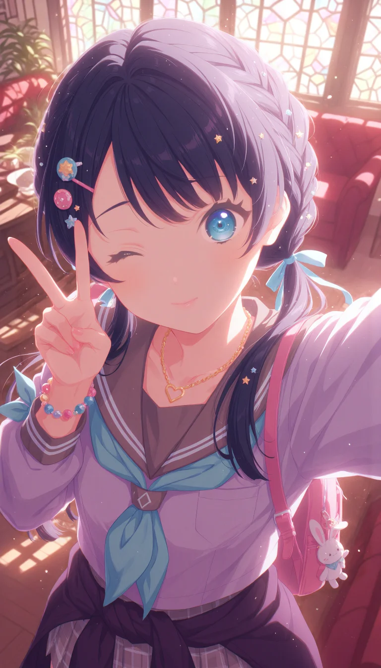 1girl, taking a selfie, murano sayaka, link! like! love live!, gradient light blue eyes, long blue hair, blue ribbons, low twintails, half updo, star hair ornament, mole on neck,
(one eye closed,smile,closed mouth),
BREAK
wearing (purple cardigan around waist, cable knit, heart chain necklace, wrist bow, serafuku, overhang shirt, light blue neckerchief, striped neckerchief, grey sailor colar, hair bow, light blue miniskirt, pleated skirt, plaid skirt), (too many hair ornaments:1.3), bead bracelet, colored fingernails, bag charm, backpack,
BREAK
looking at viewer,
standing, v,
(indoor, cafe interior, stained glass, window shadow, red couch, plant),
(decora:1.3), (pastel colors:1.1),
QUALITY
(masterpiece, very aesthetic, absurdres),
BREAK
at noon, (sunbeam:1.1), (sunlight:1.1), rainbow highlights, bloom, dramatic lighting, (particles:1.2), (blurry background:1.2), (from above,close-up,portrait), dutch angle blue shadow, sidelighting,
<lora:DynamicPoseIL2att_alpha1.0_rank4_noxattn_900steps:1.5>, <lora:illustrious_quality_modifiers_masterpieces_v1:1>, <lora:Dramatic Lighting SliderIL:3>,<lora:outline_xl_end:-10>, <lora:d\EnvyZoomSliderXL01:2>, <lora:il_contrast_slider_d1:-0.5>, <lora:colorful_sdxl_v2_lbw:1>, <lora:StS-Illustrious-Detail-Slider-v1.0:1>, <lora:darkness_xl_v20:0.65>