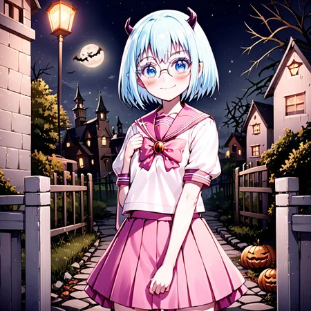 best quality, masterpiece, detailed, Crocell Kerori, smile, closed mouth, light blush, happy, light blue hair, short hair, blue eyes, horns, round eyewear, colored eyelashes, KeroriSchoolUniform, school uniform, serafuku, pink skirt, bow, standing, looking at the viewer, halloween, outdoors, night.