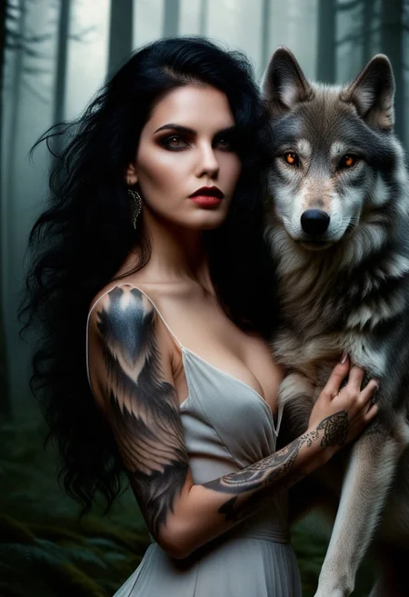 A striking portrait of a woman with dark,
flowing hair,
bold makeup,
and intricate tattoos embracing a wolf against a mystical forest backdrop. The woman exudes a powerful aura,
merging elegance with a fierce wildness. The wolf,
with piercing amber eyes,
adds an element of mystery. Showcase themes of beauty and nature,
echoing strength and harmony with the wild.