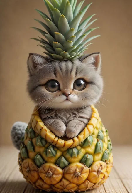 An award winning photo , a cute little baby cat,doing Yoga on a yoga matt in a pineapple costume,, (((cuteness overload))) <lora:add-detail-xl:1>,  <lora:WowifierXL-V2:1>, zhibi