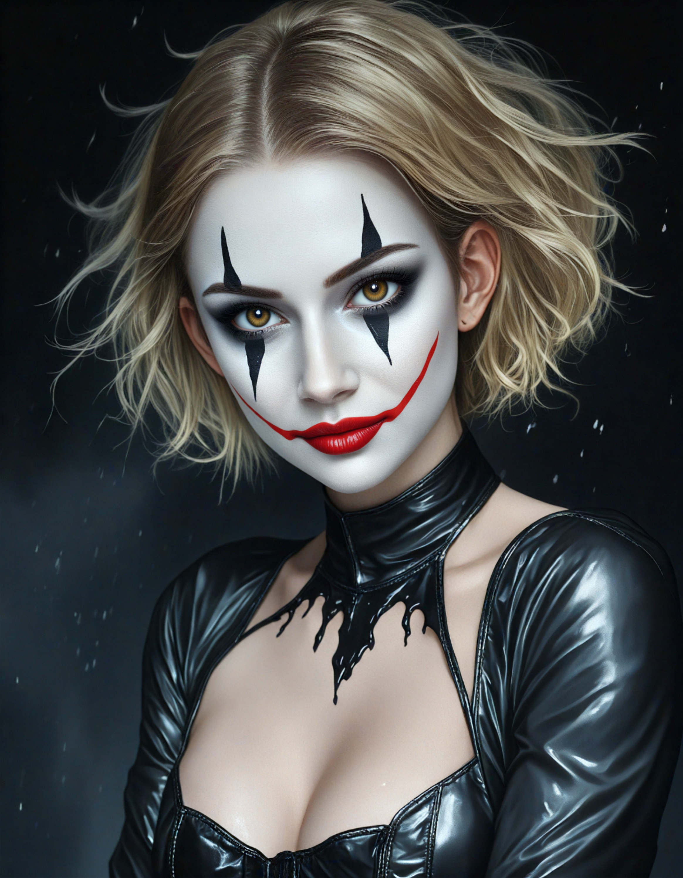 (dark mood masterpiece Photography:1.2), The image is a close-up portrait of a woman's face and upper body. She has blonde hair that is styled in loose waves and falls over her shoulders. Her face is painted white with black and red accents, creating a joker-like appearance. Her eyes are painted black and her lips are painted red. She is wearing a black leather outfit with a high neckline and long sleeves. The background is dark and there are raindrops falling around her. The overall mood of the image is dramatic and edgy.