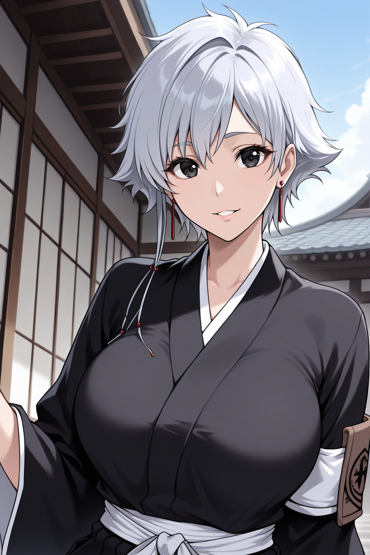 masterpiece, best quality, 1girl, solo,  <lora:kotetsuisane-illu-nvwls-v1_1-000006:1> is4ne, silver hair, short hair with long locks, black eyes, earrings, black kimono, wide sleeves, white sash, black hakama, armband, brown arm badge, large breasts, looking at viewer, smile, parted lips, upper body, blue sky, east asian architecture