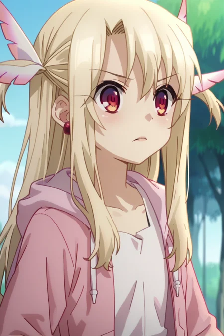 score_9, score_8_up, score_7_up , source_anime, intricate details, masterpiece, high quality, prefect hands, best quality , solo , 1girl  , anime screencap, <lora:tweak-detail-xl:1> <lora:DetailedEyes_V3:1>, pink open hoodie, white tank top , pink shorts,  upper body,
, long hair, red eyes, illya, female child , <lora:DetailedEyes_V3:1> <lora:tweak-detail-xl:1> <lora:illya.pony:1>