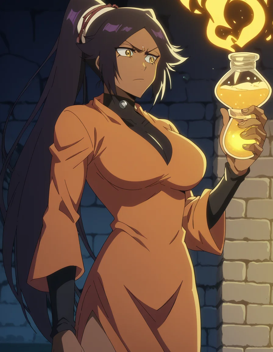 score_9, score_8_up, score_7_up, source_anime, <lora:yoruichi-shihouin-tybw-ponyxl-lora-nochekaiser:1>, yoruichi shihouin, long hair, black hair, ponytail, dark skin, dark-skinned female, high ponytail, yellow eyes, large breasts, anime screencap, <lora:wizard-ponyxl-lora-nochekaiser:1>, wizard, wizard hat, robe, dress, long sleeves, gloves,, indoors, bricks, potion, flask, vial,, cowboy shot,, , cowboy shot, solo