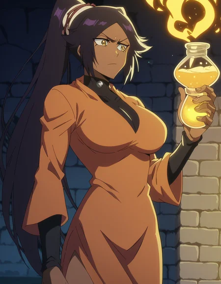 score_9, score_8_up, score_7_up, source_anime, <lora:yoruichi-shihouin-tybw-ponyxl-lora-nochekaiser:1>, yoruichi shihouin, long hair, black hair, ponytail, dark skin, dark-skinned female, high ponytail, yellow eyes, large breasts, anime screencap, <lora:wizard-ponyxl-lora-nochekaiser:1>, wizard, wizard hat, robe, dress, long sleeves, gloves,, indoors, bricks, potion, flask, vial,, cowboy shot,, , cowboy shot, solo