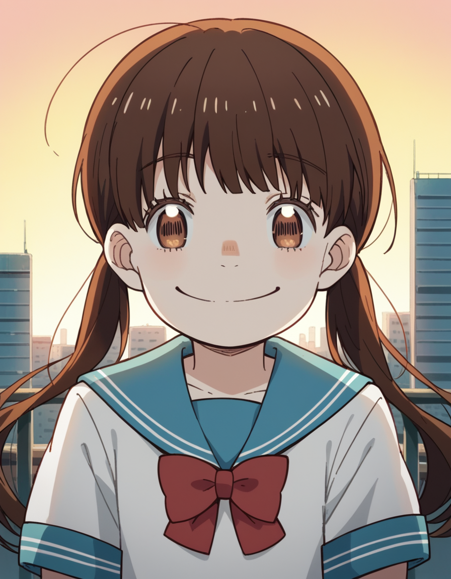 score_9, score_8_up, score_7_up, source_anime, <lora:hinata-kawamoto-s2-ponyxl-lora-nochekaiser:1>, hinata kawamoto, long hair, bangs, brown hair, twintails, brown eyes, low twintails,, shirt, bow, school uniform, white shirt, short sleeves, serafuku, bowtie, sailor collar, red bow, blue sailor collar, red bowtie,, rooftop, sunset, cityscape, quiet moment, wind blowing, contemplative, smile, , smug, solo,, dutch angle,