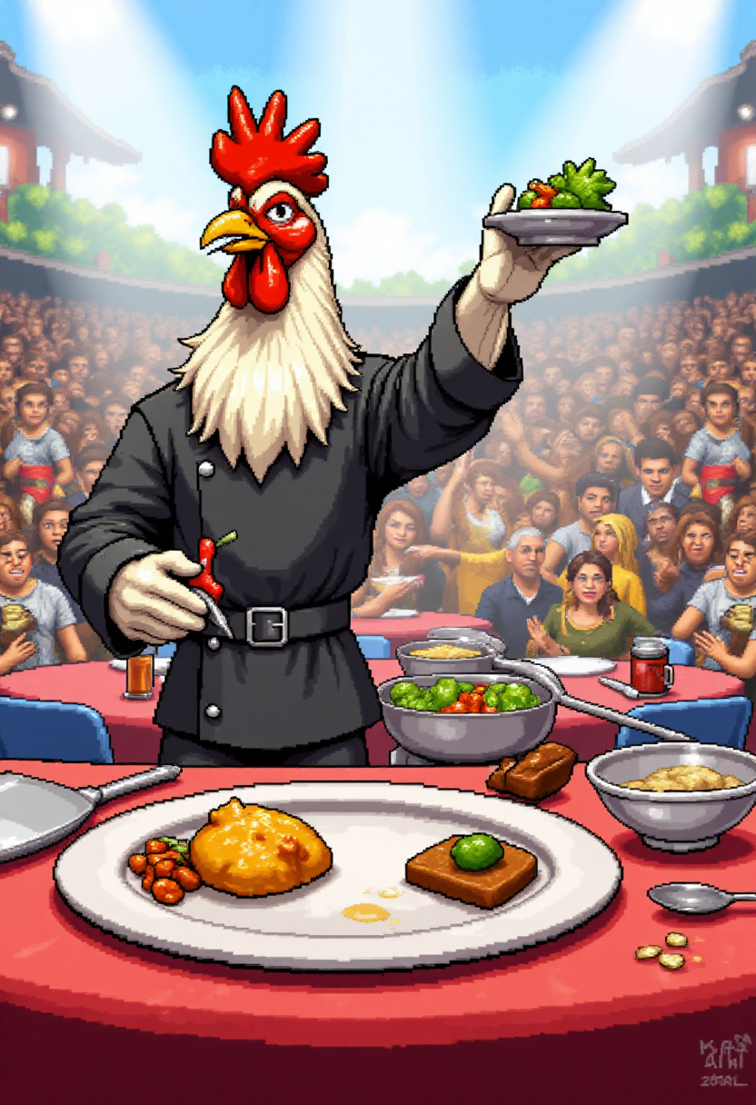 <lora:KFT_2d_Pixel_Style_FLUX-000017:1>
The image is a vibrant kftpxl pixel art illustration featuring    A rooster as a judge at a cooking competition.