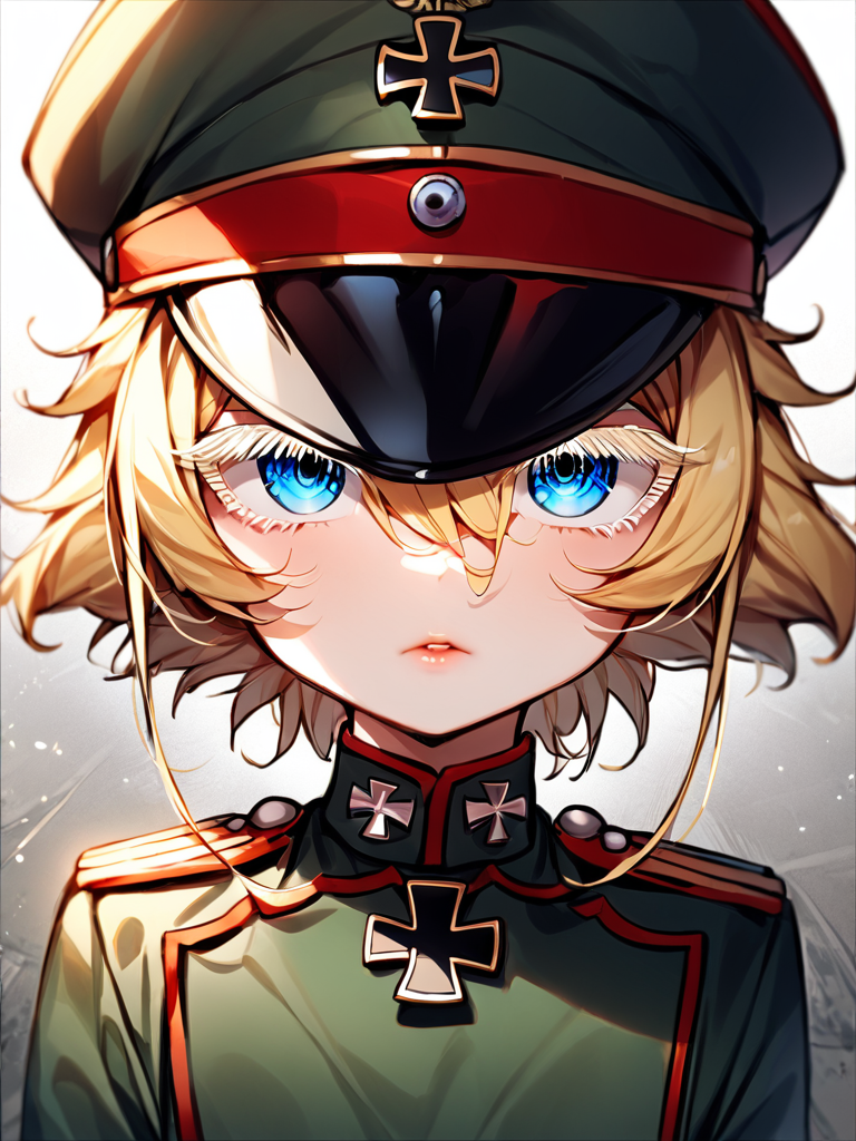 masterpiece,high resolution,
TanyaDegurechaff,tunic,  1girl, solo, looking at viewer, short hair, blue eyes, manga eyes, blonde hair, hat, hair between eyes, uniform, military, eyelashes, military uniform, cross, peaked cap, military hat, colored eyelashes, iron cross,
 <lora:tanya_XL:0.8>
