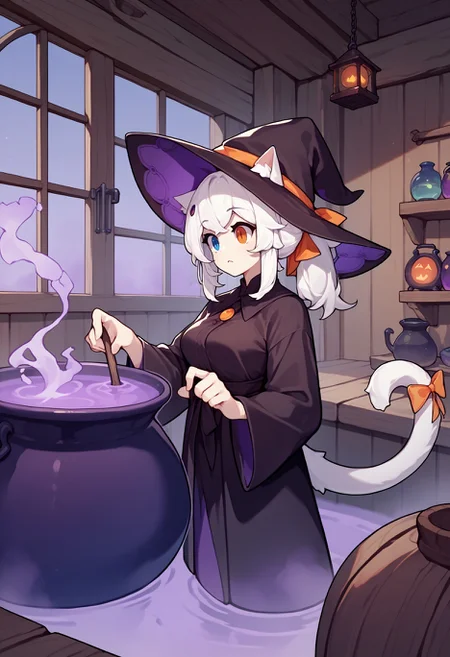 score_9,score_8_up,score_7_up, source_anime,
1girl, white hair, orange eyes, blue eyes, heterochromia, medium breasts, ponytail, medium hair, cat girl,tail, witch hat, black robe,cauldron, purple fog,purple smoke,old hut, indoors, wooden interior,tail ribbon,   <lora:Fizintine_v1-000010:0.95>