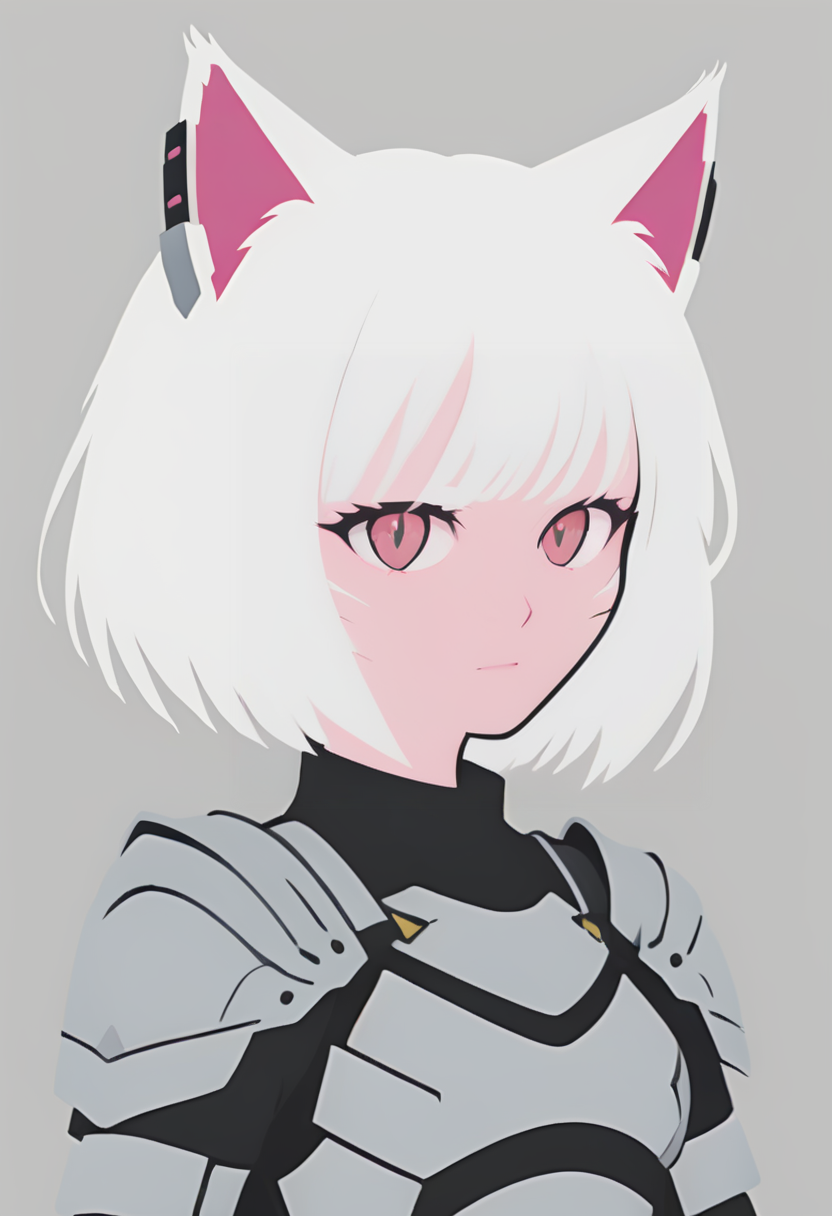 minimal1st, miq'ote female, cat ears,white hair, pink skin, detailed eyes, upper body, knight armor, flat color, vector art <lora:Minimalist_Anime_XL:1>