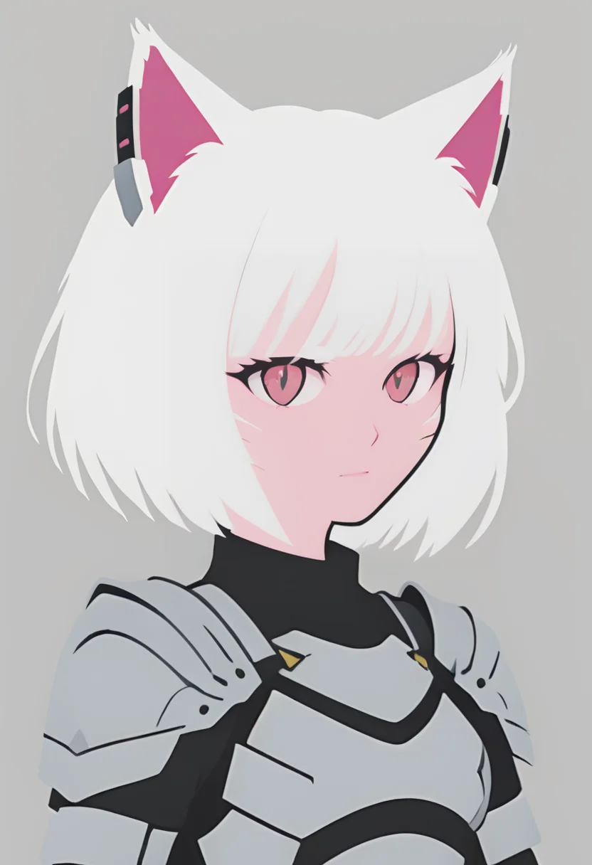 minimal1st, miq'ote female, cat ears,white hair, pink skin, detailed eyes, upper body, knight armor, flat color, vector art <lora:Minimalist_Anime_XL:1>