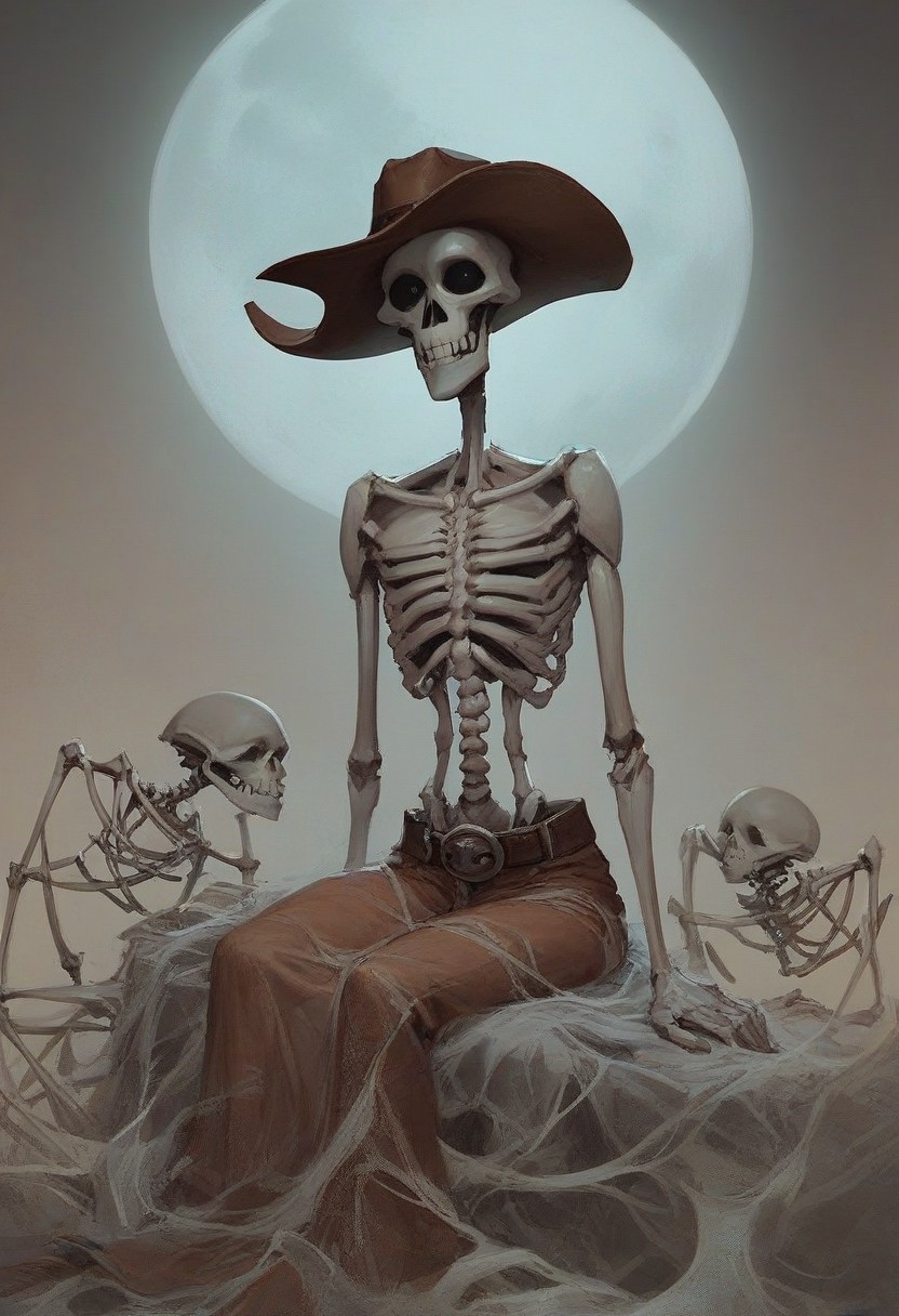 score_9, score_8_up, score_7_up, full dark, no stars, skeleton wearing cowboy hat, sitting on moon