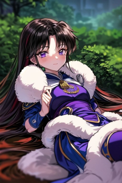 best quality 1girl Setsun4 solo long hair,  (night time) forest background black hair very long hair purple eyes multicolored hair armor (fur trim) (medium body),<lora:EMS-179-EMS:0.800000>,<lora:EMS-293862-EMS:0.800000> bow, hair_bow, hair_tubes, red_bow, brown_hair, long_hair, bangs, ascot, frilled_bow, yellow_ascot, blush, smile, hair_between_eyes, athletic, armor, miko, ,(((intricate outfit,intricate clothes,embroidered outfit,ornate outfit,embroidered clothes,ornate clothes))), laying down, lying down
