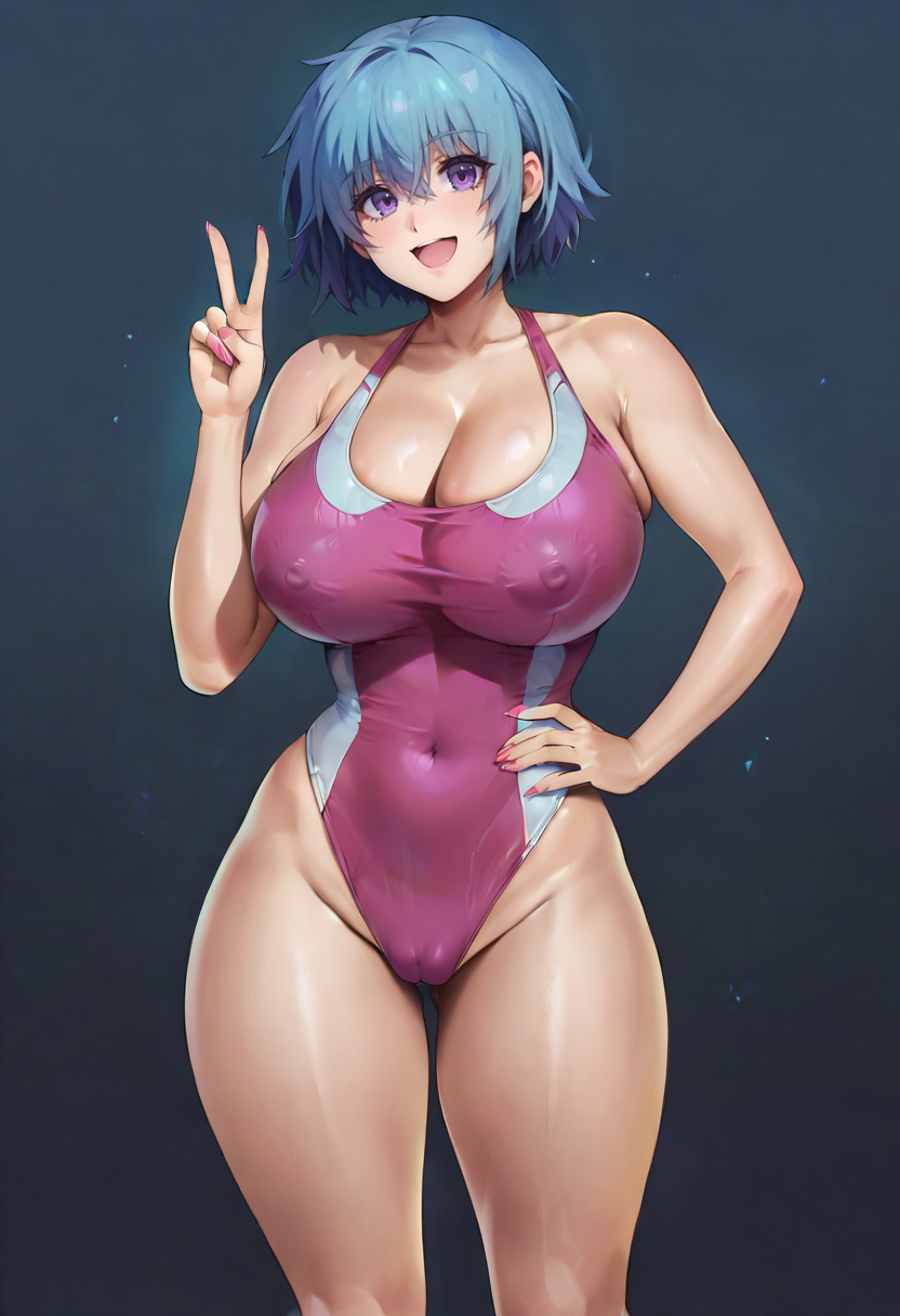 score_9, score_7_up,  1girl, 
huge breasts, wide hips, thick thighs, one-piece swimsuit, alternate breast size, pink nails, open mouth, short hair, navel, highleg swimsuit, nail polish, thighs, solo, v, purple eyes, covered navel, standing, breasts, bare shoulders, covered nipples, pink one-piece swimsuit, swimsuit, cleavage, looking at viewer, smile, casual one-piece swimsuit, blue hair, highleg, curvy, :d, cameltoe, hand on own hip
 <lora:cyclone_(reizei)-Style-PonyXL-GLoRA-000045:1>