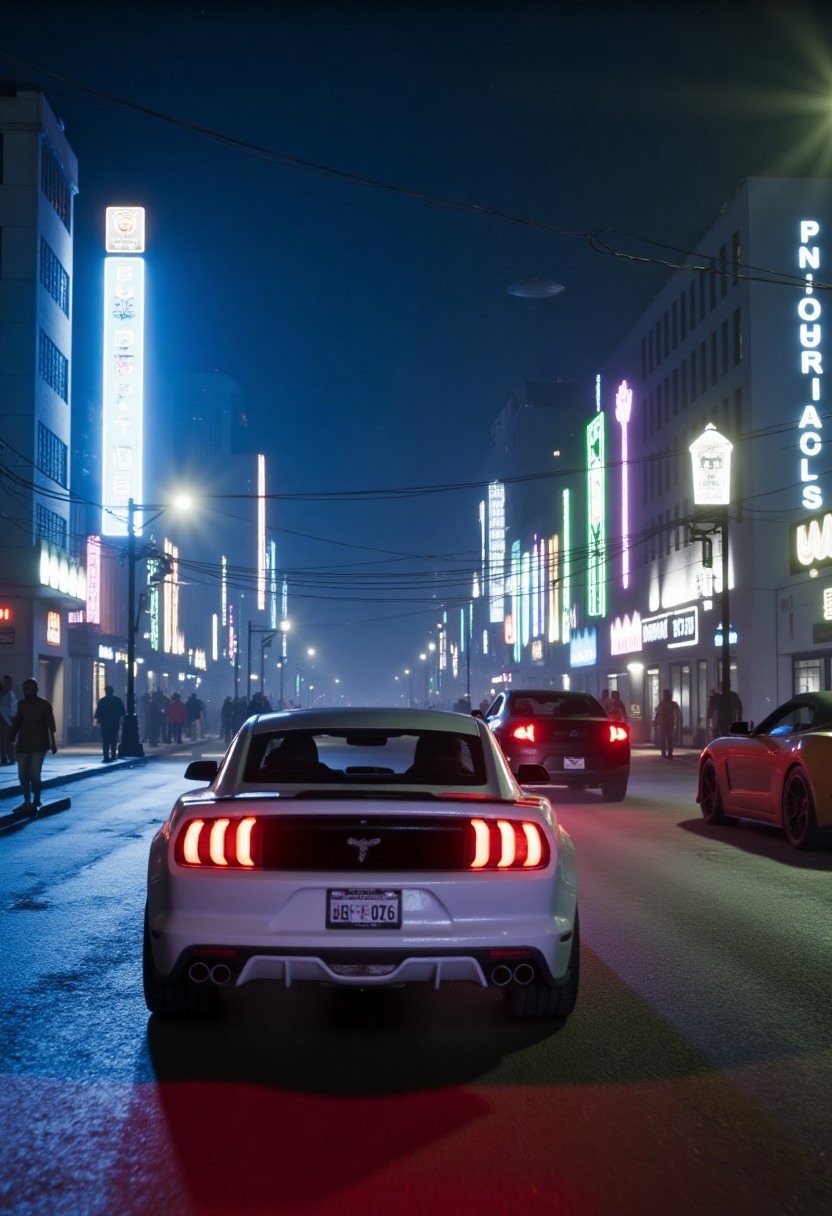 a high-resolution, cinematic-style photograph depicting a nighttime urban street scene. The layout is vertical, focusing on two sleek sports cars driving down a wet, reflective road. The foreground features a white sports car with distinctive round red taillights and a glossy finish, emitting exhaust vapor. In the background, another similar car is visible, slightly blurred, enhancing the sense of motion. The street is lined with tall buildings adorned with bright neon signs in various colors, including blue and white, adding a vibrant, futuristic atmosphere. Streetlights cast a cool, bluish glow, reflecting off the wet pavement. A few pedestrians are visible on the sidewalk, but their features are not discernible. The overall mood is dynamic and modern, capturing the essence of a bustling city nightlife.
 aidmaGTA6