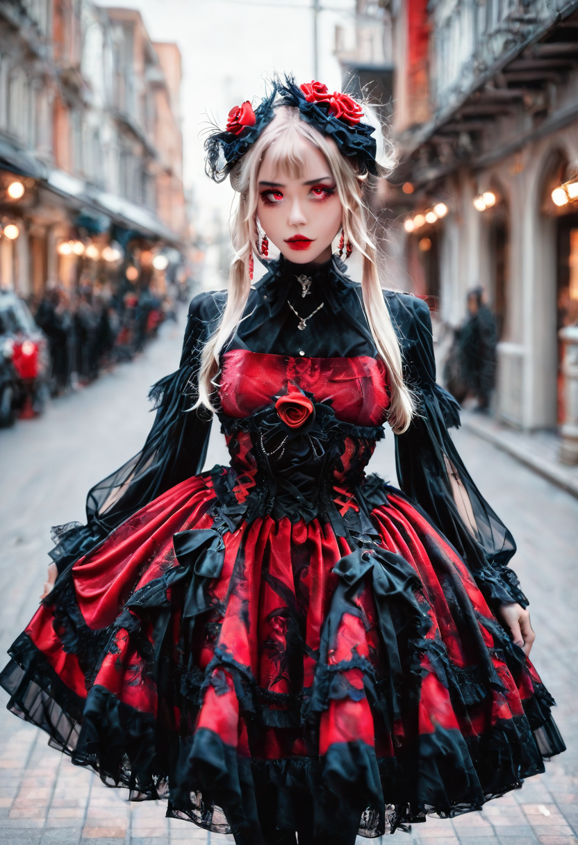 <lora:Illustrious_Realistic_Fashion_Collection_-_Gothic_Lita:1> girl wearing a gothic fashion dress, on the street, black and red dress with roses, subsurface scathering, depth of field, skin pores, detailed skin, masterpiece, best quality, newest, absurdres, highres, feeling, impact, very awa, dim lighting, sidelighting, skindentation, amazing quality, scenery, very aesthetic, newest, volumetric lighting, blending, <lora:add-detail-xl:1> <lora:cfg_scale_boost:1> <lora:sdxl_enhance:1> <lora:spo_sdxl_10ep_4k-data_lora_webui:1>