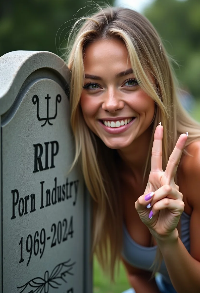 fashion model and tombstone, fashion model making victory v sign with fingers next to tombstone, on tombstone is text large font 'RIP' medium font 'Porn Industry' large font '1969-2024',
attractive girl with perfect face, looking at viewer, low angle, dynamic angle, shiny smooth moisturized skin, detailed photo of smooth female face, soft moisturized skin, laughing girl, mocking laugh, poking fun laugh, sneering laugh, natural blond hair, hair strands across face, natural clean makeup,
