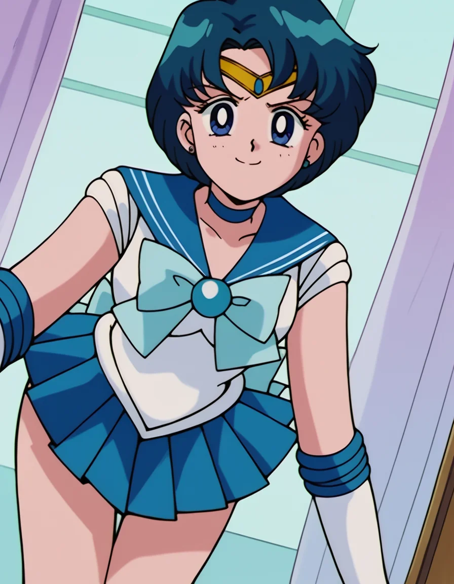 score_9, score_8_up, score_7_up, source_anime, <lora:ami-mizuno-s3-ponyxl-lora-nochekaiser:1>, ami mizuno, blue eyes, blue hair, short hair, parted bangs,, back bow, blue bow, blue choker, blue sailor collar, blue skirt, bow, choker, earrings, gloves, jewelry, magical girl, miniskirt, pleated skirt, sailor collar, sailor senshi uniform, skirt, stud earrings, tiara, sleeveless,, indoors, bent over, smile, smug, looking at viewer, solo,, cowboy shot, dutch angle