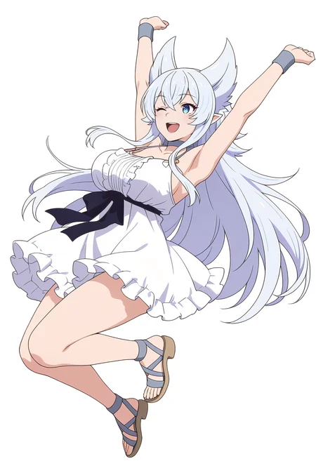 Smooth Quality,masterpiece,very intricate, high quality details, ultra realistic, high detailed skin,detailed enviorement,
white background, simple background, solo,
from behind,jumping, arms open, legs bent, smiling, midair, ,;d,
<lora:Fenrys_Cinabrio:0.8> fenrys/cnn, 1girl,very long hair, blue eyes, hair between eyes, pointy ears, large breasts,collarbone,choker, white dress, frills,strap sandals,