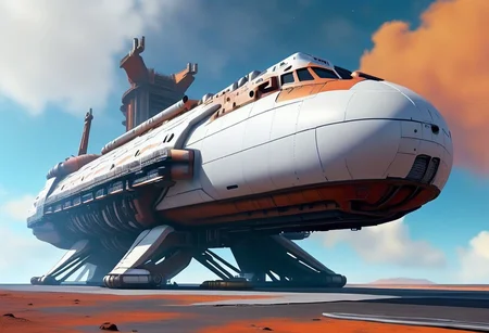 sci-fi, aJed-Rst spaceport, tarmac, landing pads, (Rusty ship hanger, Rusty tower, (((beautiful, hyper realistic, high quality, highly detailed))), sleek Rusty neotech spacecraft (freighter), vehicle focus, zoom out,