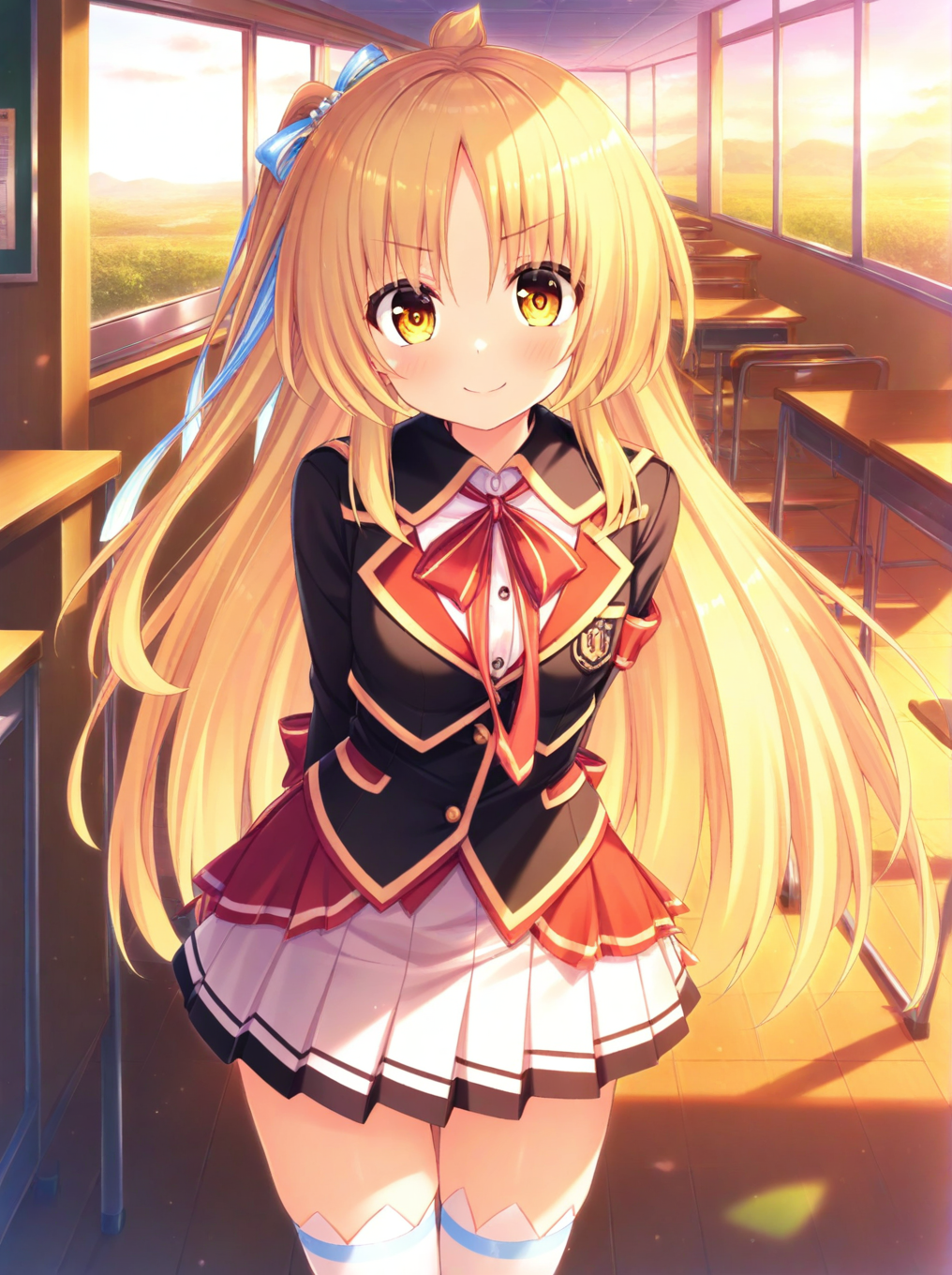 masterpiece,best quality,amazing quality,very aesthetic,absurdres,newest,scenery,<lora:Ayatsuji Hiyori_ilxl_v1-000010:0.8>,1girl,solo,long hair,blonde hair,looking at viewer,ribbon,arms behind back,yellow eyes,skirt,school uniform,one side up,hair ribbon,smile,ayatsuji hiyori,standing,thighhighs,