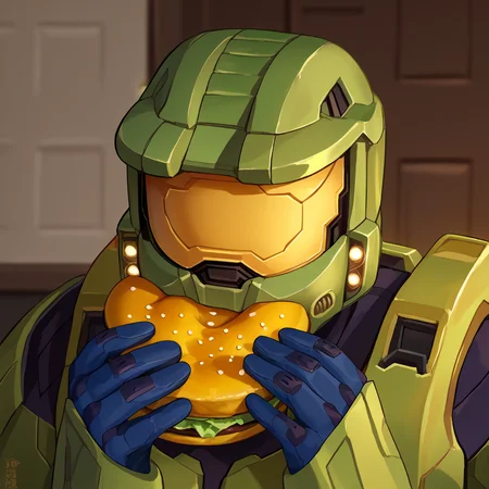 score_9, score_8_up, score_7_up, score_6_up, source_anime BREAK male focus, <lora:jermawhopper-pdxl-nvwls-v1-000005:1> jermaWhopper, eating, burger, looking at you, upper body <lora:masterchief-halo-richy-v1_pdxl:1> masterchief, helmet, visor, power armor