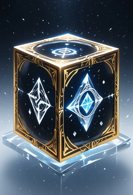 (masterpiece), best quality, Anime, Illustration, (Floating Cube, Crystal, Magic, Reflection), White Background, No Humans, Starry Theme, (Ancient Runes, Glowing Runes, Light Refraction), Black and Gold Theme, Natural Lighting, Verynsty
