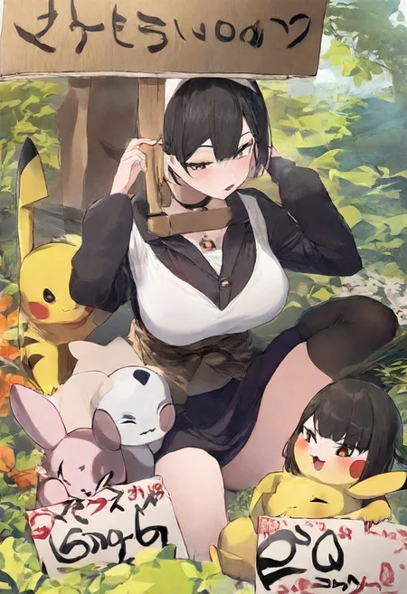 Beautiful girl , holding sign with text "need buzz", beautiful light.(Huging Pikachu with Pokemon) droopy masterpiece, best quality, very aesthetic