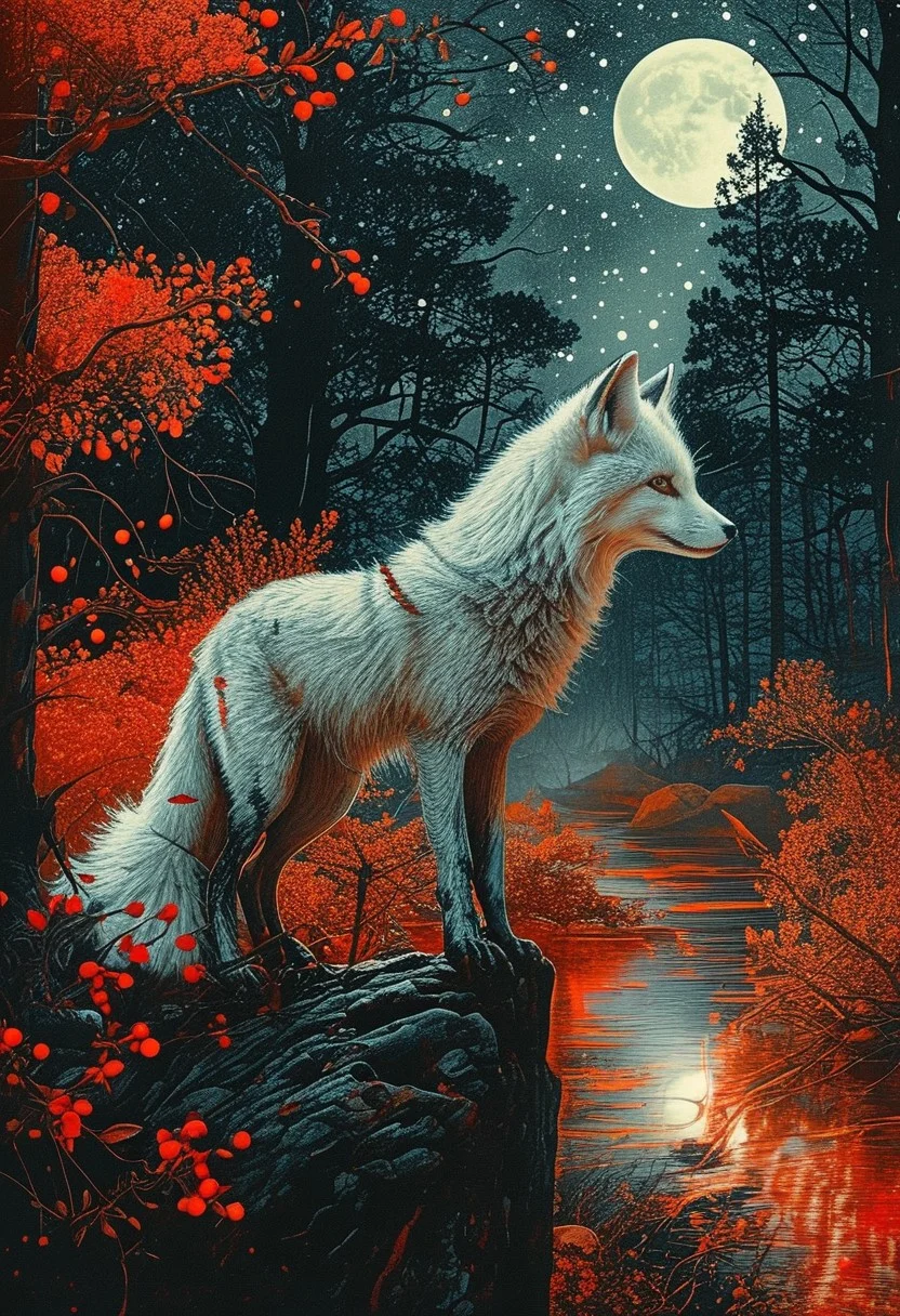 linquivera, Ink illustration, amber tones, aged black red paper, inkpunk, moonlight, surreal, moonlit, gigantic white fox, forest, mystical, OverallDetail, extremely detailed, UHD, (long exposure, dystopian but extremely beautiful:1.4)