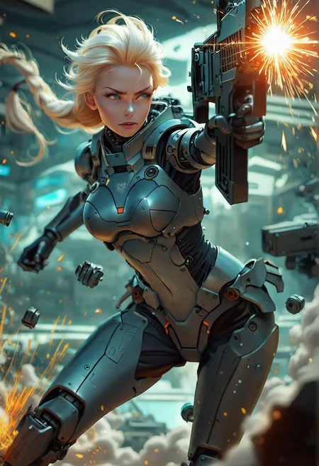 photorealistic, real aesthetic, masterpiece, high quality, 1girl, Elsa, mech woman, wires, sparks, robotic components, assault rifle, action shot, outerspace background, shallow depth of field, detailed background, dynamic angle, volumetric lighting, high resolution