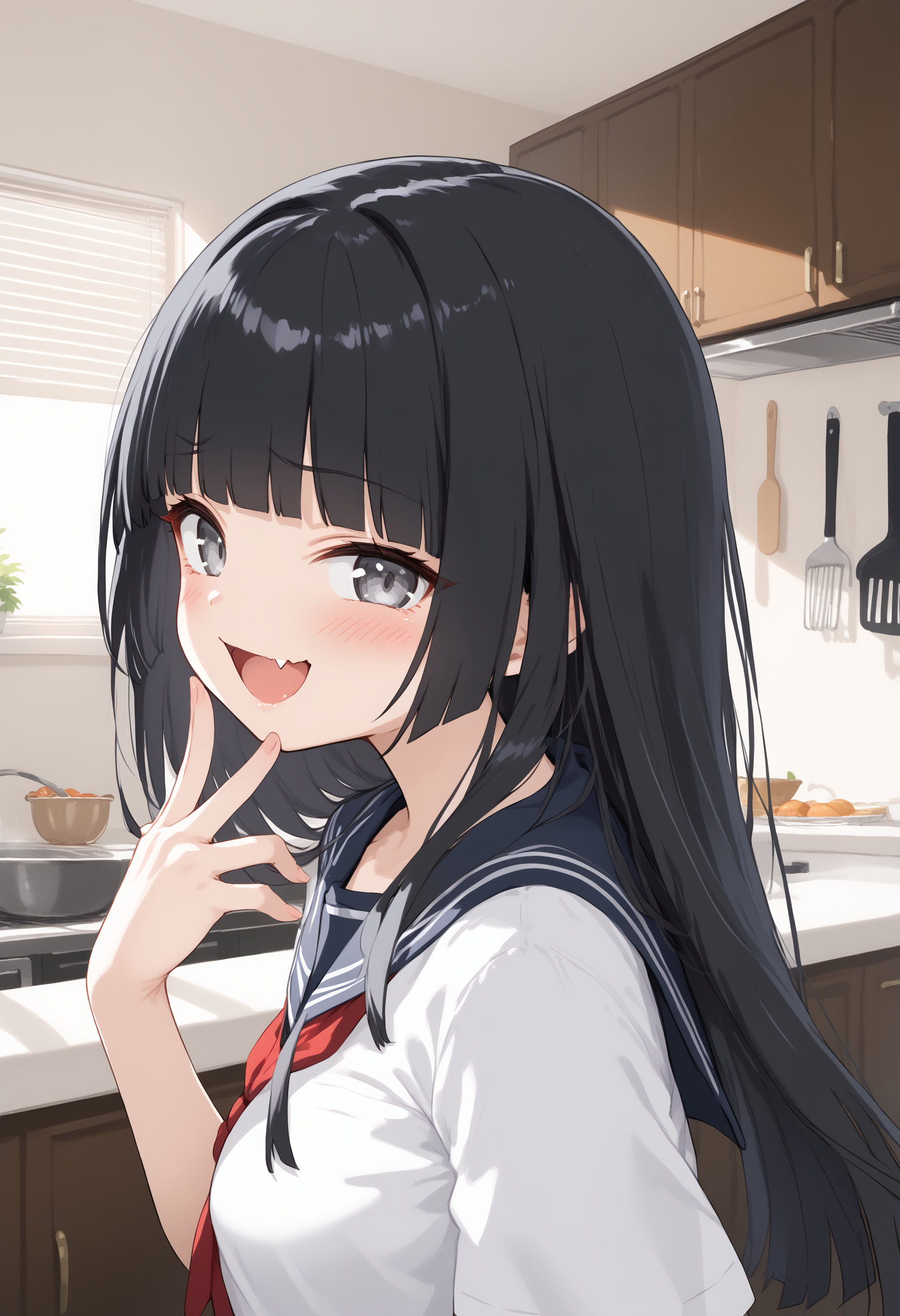 1girl, medium breasts, school uniform,
mesugaki, smile, looking at viewer, blush, hand up, skin fang, <lora:mesugaki_Pony_v1:0.9>
from side, panorama shot, looking ahead, black hair, silver eyes,crazy smile, kitchen, open mouth, hime cut hair,,