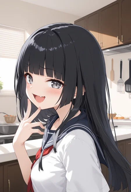 1girl, medium breasts, school uniform,
mesugaki, smile, looking at viewer, blush, hand up, skin fang, <lora:mesugaki_Pony_v1:0.9>
from side, panorama shot, looking ahead, black hair, silver eyes,crazy smile, kitchen, open mouth, hime cut hair,,