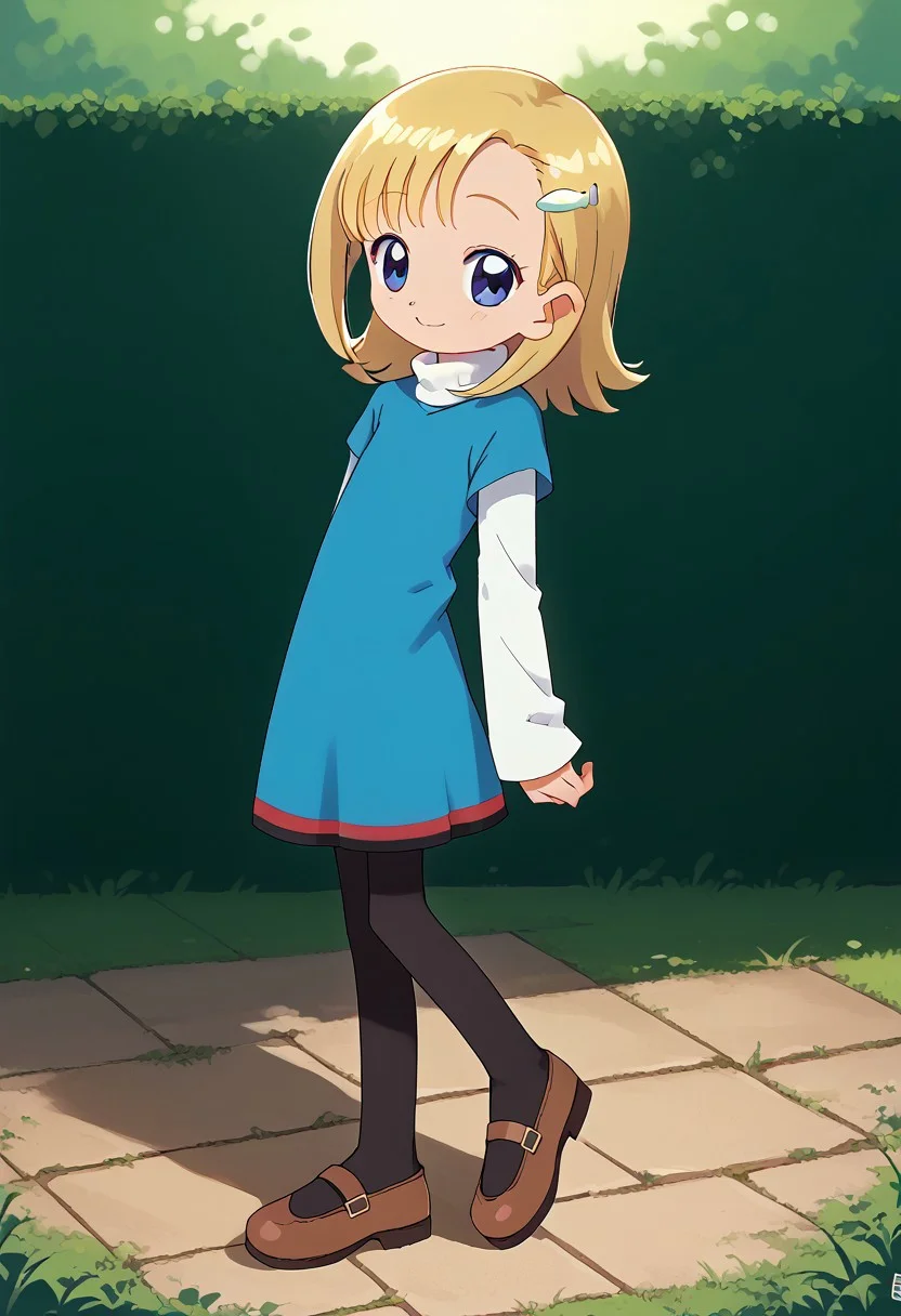 score_8, score_8_up, score_7_up, source_anime, DOREMI, 1girl, solo, female focus, solo, Mana_GF, Blonde hair, blue eyes, sidelocks, hair ornament, hair clip, fish hair ornament, bangs, blue dress, white turtleneck, turtleneck dress, white sleeves, long sleeves, layered sleeves,, long sleeves under short sleeves, pantyhose, black pantyhose, mary janes, brown footwear, full body, looking at viewer, smile,