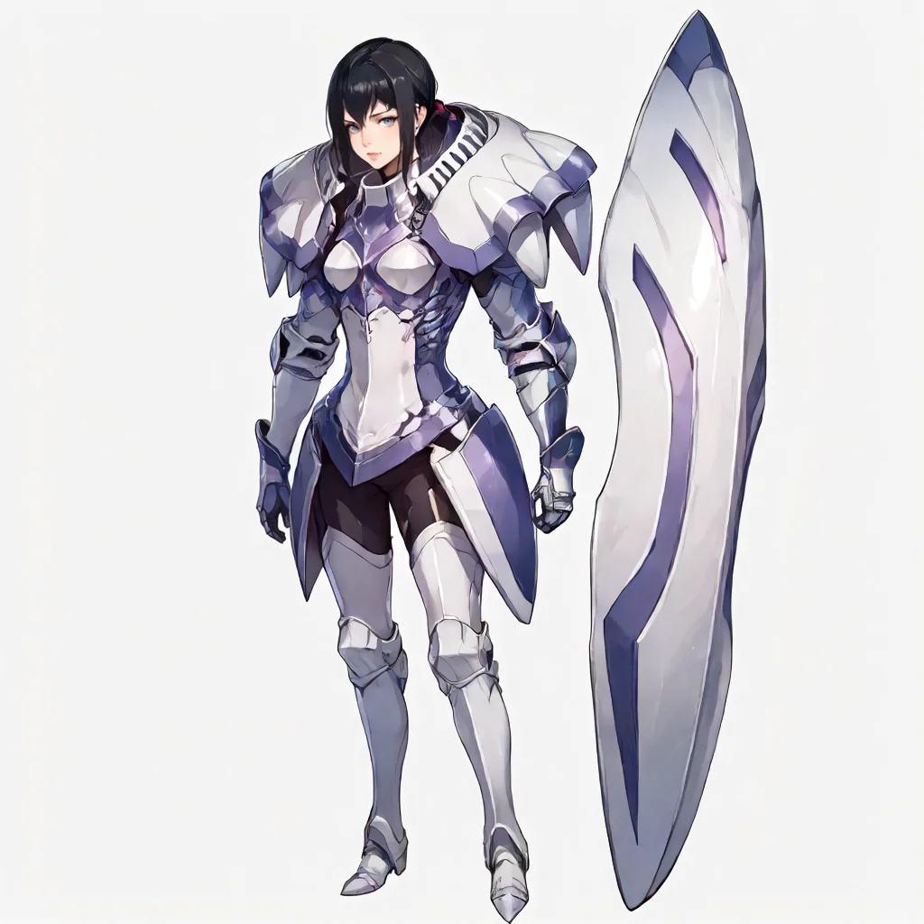 solo, simple background, full body. <lora:Clothing FEA Knight Armor:1> f3akn1gt, armor, shoulder armor. <lora:Character BtV Marian Crane:0.8> marian, 1girl, black hair, low ponytail, sidelock, short hair, gray-blue eyes, athletic build, strong., score_9, score_8_up, score_7_up, score_6_up, score_5_up, score_4_up, masterpiece, detailxl. BREAK