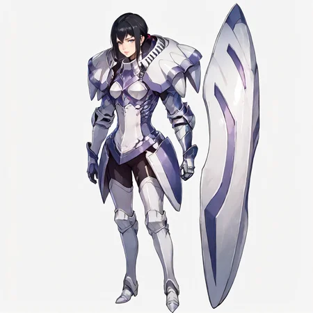 solo, simple background, full body.  <lora:Clothing FEA Knight Armor:1> f3akn1gt, armor, shoulder armor. <lora:Character BtV Marian Crane:0.8> marian, 1girl, black hair, low ponytail, sidelock, short hair, gray-blue eyes, athletic build, strong., score_9, score_8_up, score_7_up, score_6_up, score_5_up, score_4_up, masterpiece, detailxl. BREAK