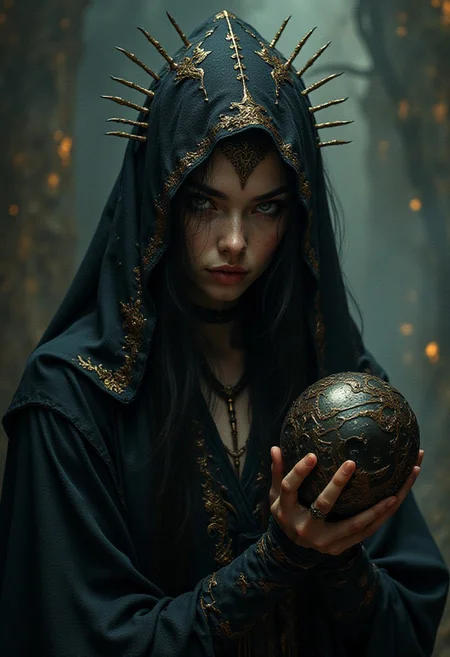 ArsMJStyle, dnddarkestfantasy, Dark Moody Atmosphere, Avant-garde, painting, evil, unsettling, best quality, masterpiece (Luis Royo style drawing), detailed face, face in sharp focus and intricate detail, extremely detailed, great lighting, BREAK, intricate details, Mystical light. Fog. female oriental necromancer mage, evil and mystical, with spiky robes that seem made of black cloth with golden stitches. a ball in one hand and mysterious beast skull in another hand, Rubies, symbolizing their magical power. Glow. alchemical laboratory, blending the natural with the magical, Soft natural lighting, High Definition HD, High Detail, Perfect Composition, dark fantasy movie