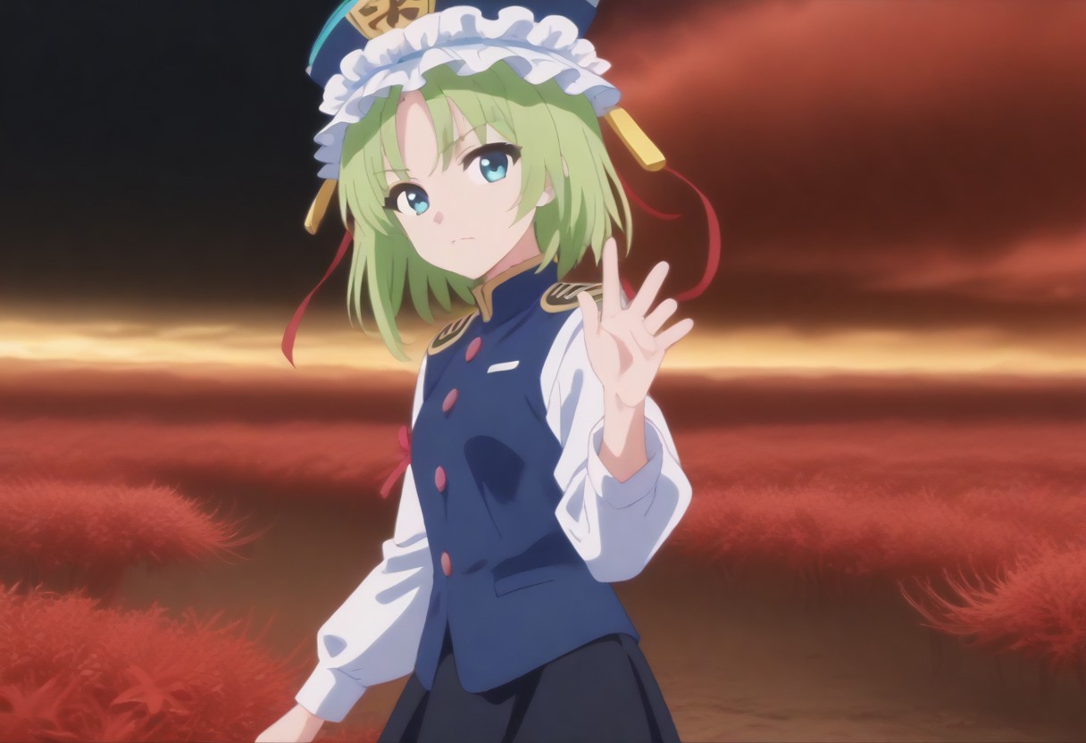 1girl, solo, solo focus, highres, absurdres, shikieiki, green hair, frilled hat, blue eyes, blue headwear, short hair,
long sleeves, black skirt, white shirt, blue vest, red ribbon, epaulettes, small breasts, arm ribbon, buttons, 
looking at viewer, head tilt, from side, bare hands, hand up,
spider lily, flower field, night sky, red sky, dark, red theme,