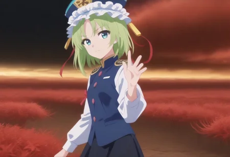 1girl, solo, solo focus, highres, absurdres, shikieiki, green hair, frilled hat, blue eyes, blue headwear, short hair,
long sleeves, black skirt, white shirt, blue vest, red ribbon, epaulettes, small breasts, arm ribbon, buttons, 
looking at viewer, head tilt, from side, bare hands, hand up,
spider lily, flower field, night sky, red sky, dark, red theme,